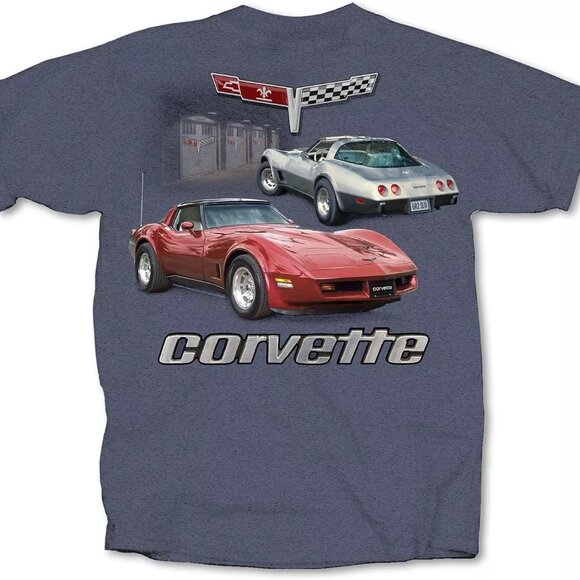 Joe Blow T's 2 Corvettes Garage Scene, Small, Heather Indigo Men's T-Shirt - Picture 1 of 1